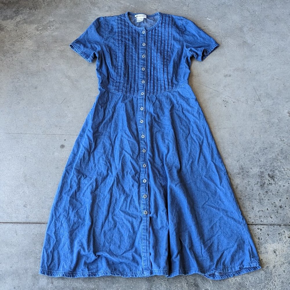 Vintage Talbots Blue Denim Pintuck Short Sleeve Midi Shirtdress size 8 - Picture 2 of 8